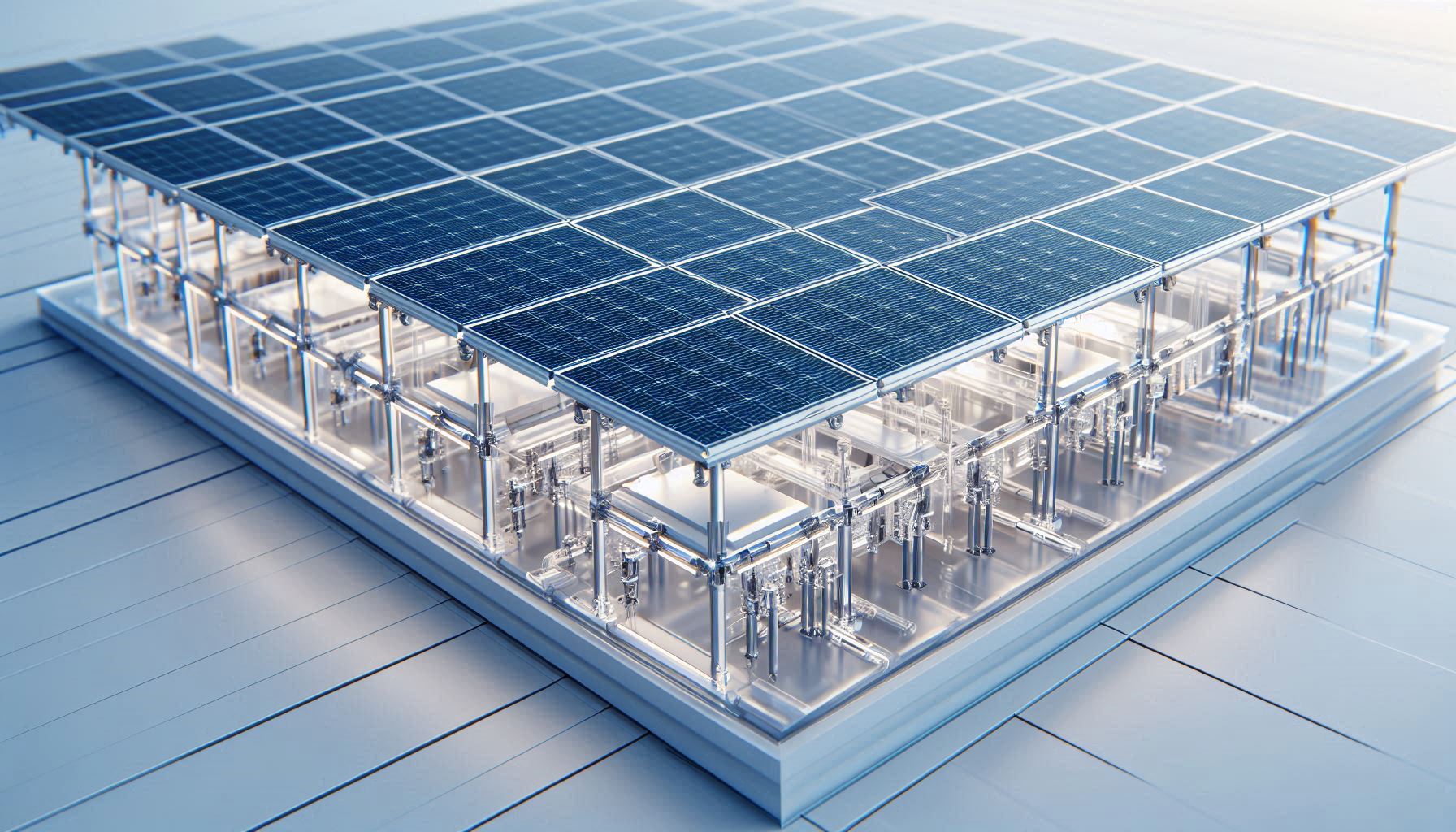 Vedere de aproape a panourilor solare bifaciale instalate pe o acoperiș alb, evidențiind baza lor transparentă și designul pe ambele părți