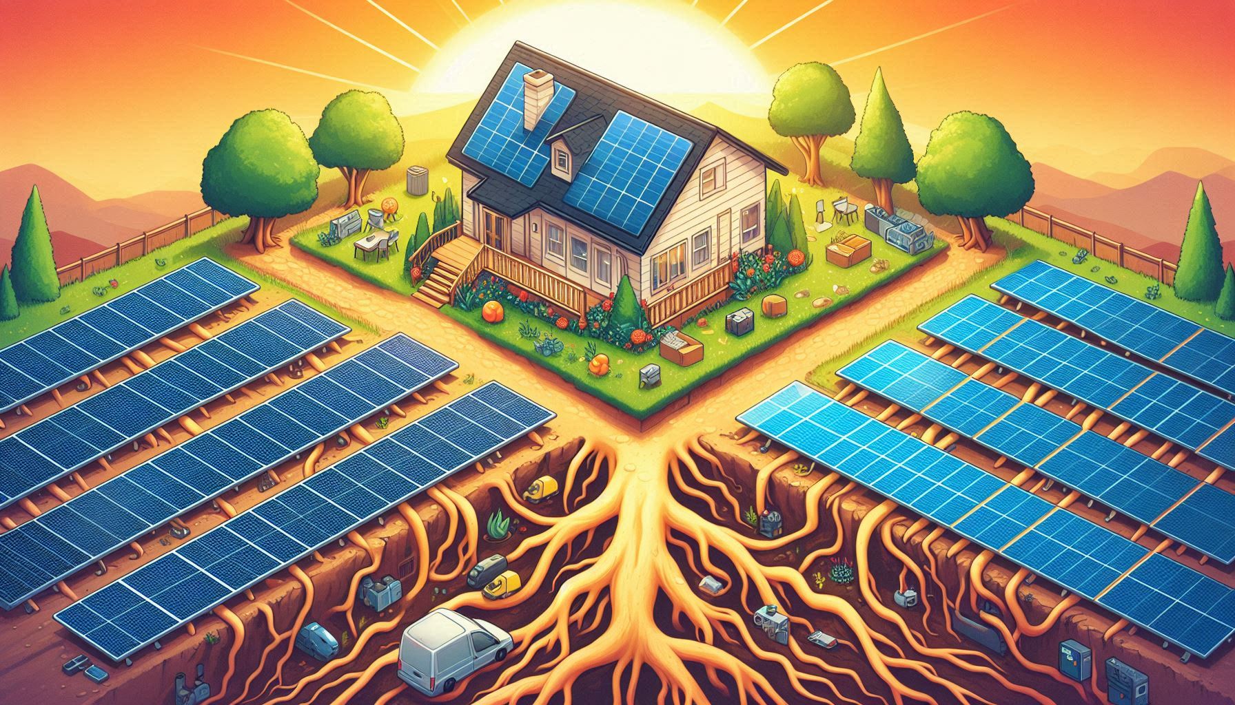 Comparatie între instalările de panouri solare montate pe sol și pe acoperiș, evidențiind avantajele și dezavantajele fiecărei metode