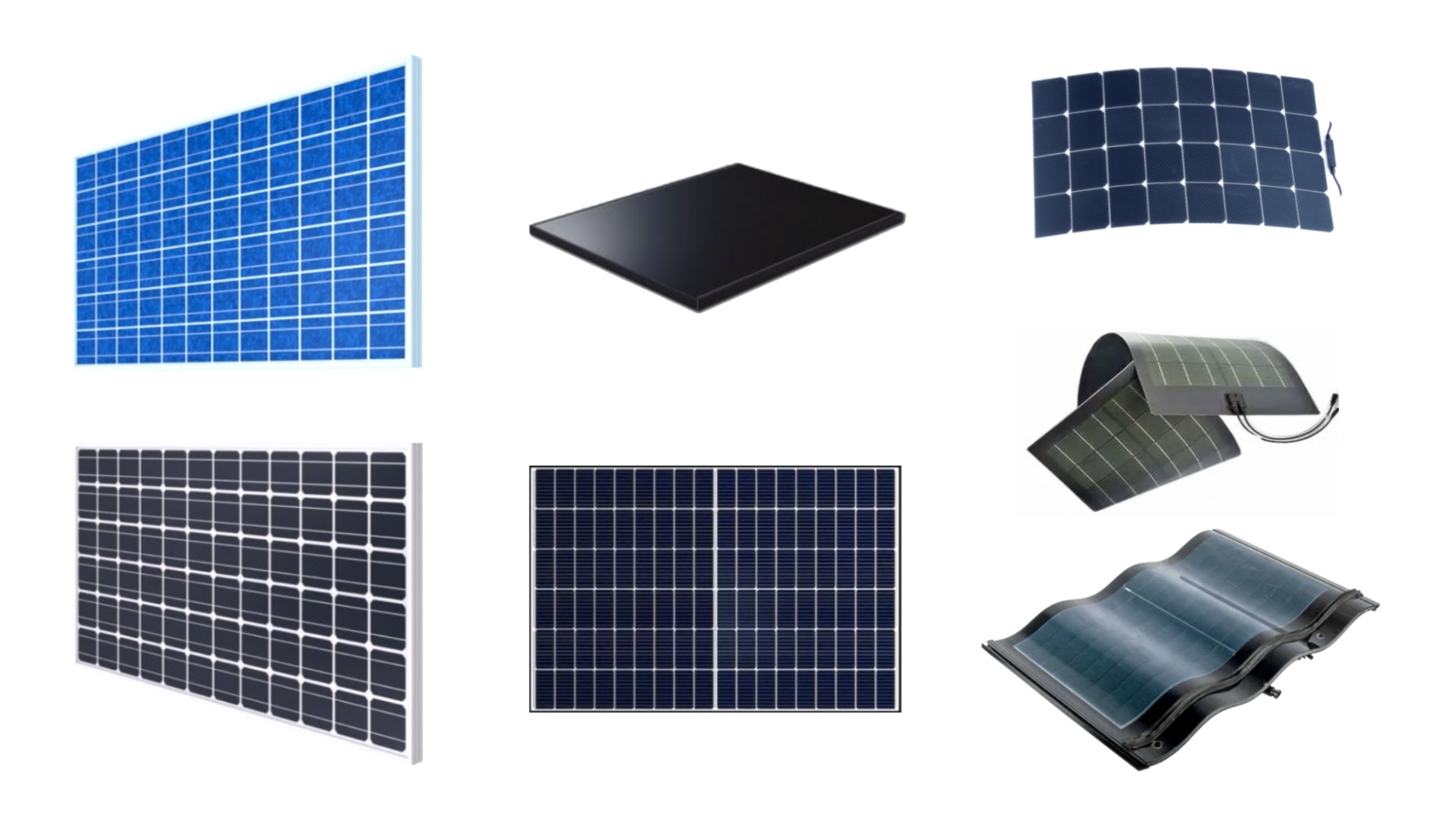Diferite tipuri de panouri solare afișate unul lângă altul