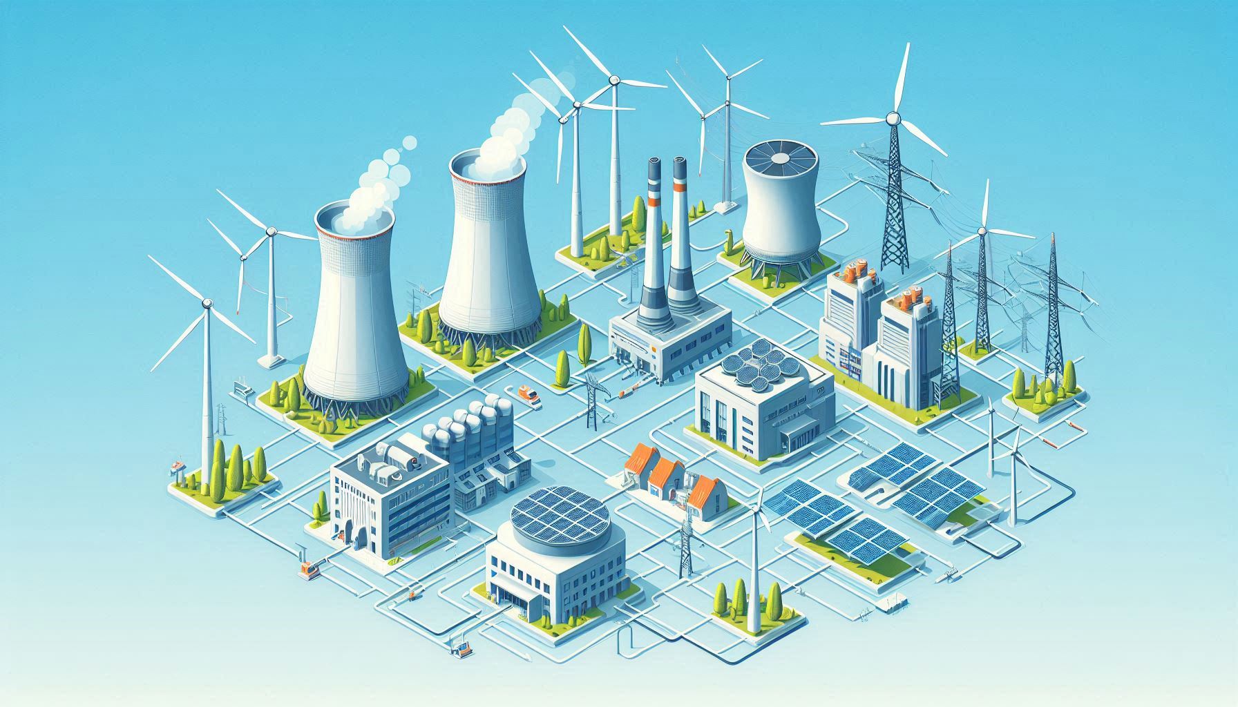 Ett balanserat energisystem som visar förnybara energikällor, termiska kraftverk och lagringslösningar