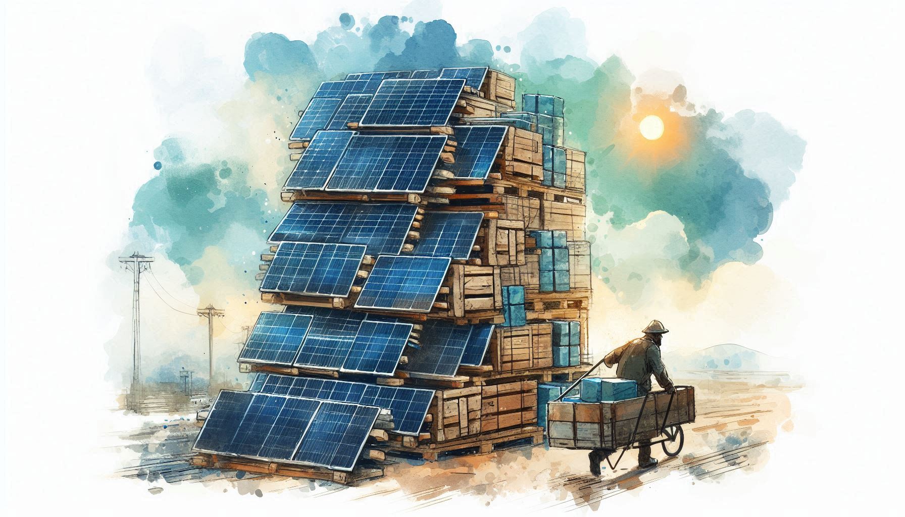 En hög av begagnade solpaneler redo för installation.