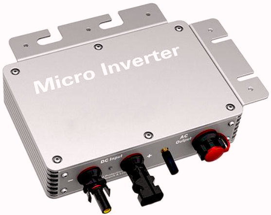 Hình ảnh của một microinverter, một thiết bị nhỏ gắn vào mỗi tấm pin mặt trời chuyển đổi điện DC thành AC trực tiếp ở cấp độ tấm, cho phép tối ưu hóa sản xuất năng lượng và giám sát