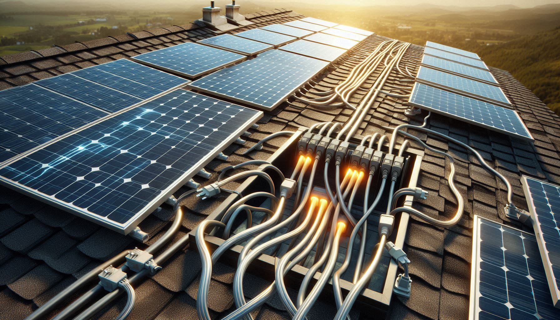 安裝在屋頂上的太陽能板,等待逆變器的連接